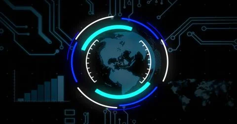 Image of digital data processing and scope over circuit board Stock Photos