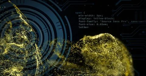 Image of digital data processing and scope over circuit board and flames 写真素材