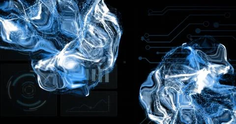Image of digital data processing and scope over circuit board and flames Stock Photos