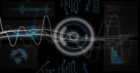 Image of digital data processing and scope over circuit board Foto stock