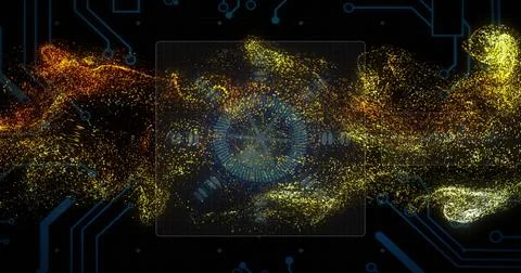 Image of digital data processing and scope over circuit board and flames Stock Photos