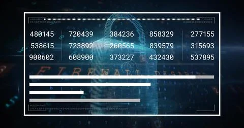 Image of digital data processing and padlock on dark background Stock Photos