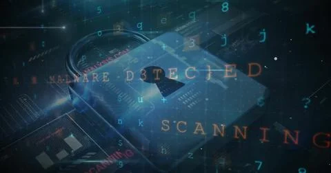 Image of digital data processing and padlock on dark background Stock Photos