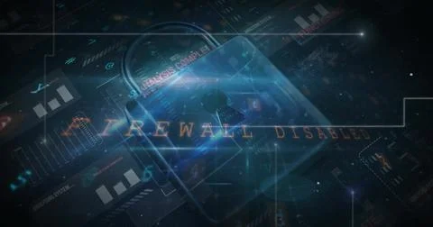 Image of digital data processing and padlock on dark background 스톡 사진