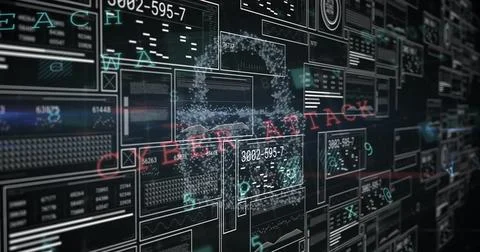 Image of digital data processing and padlock on dark background Stock Photos