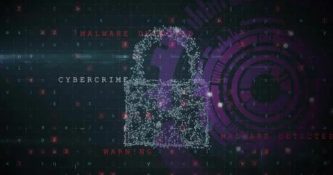 Image of digital data processing and padlock on dark background 스톡 사진