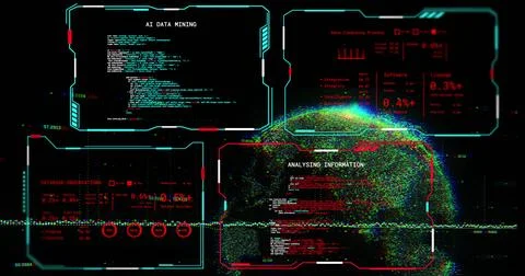 Image of digital data processing and globe over black background Stock Photos
