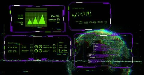 Image of digital data processing and globe over black background Foto stock
