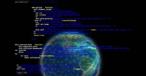 Image of digital data processing and globe over black background Stock Photos