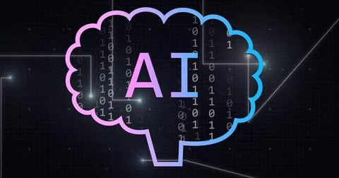 Image of digital data processing and connections with ai chatbot icon and tex 스톡 사진