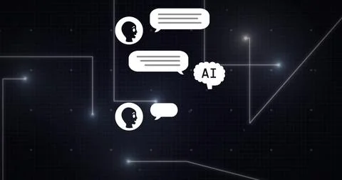 Image of digital data processing and connections with ai chatbot icons 库存照片