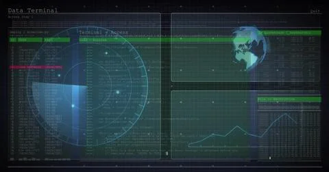 Image of digital data processing and scope scanning on screens over black Foto stock