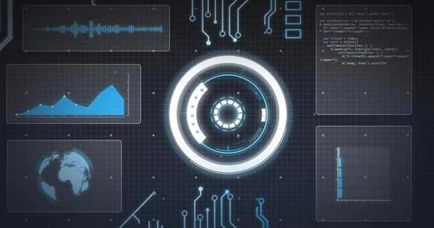 Image of digital data processing and scope over screens 스톡 사진