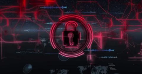 Image of digital data processing and padlock icon ver dark background Stock Photos