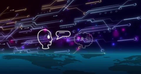 Image of digital data processing and ai chat bots over dark background 写真素材