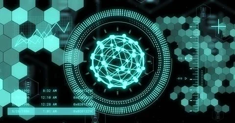 Image of digital data processing and scope over black background Stock Photos