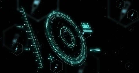 Image of digital data processing and scope over black background Stock Photos