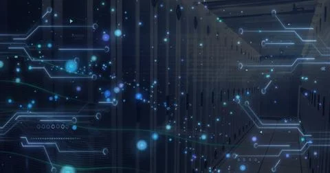 Image of digital data processing and circuit board over computer servers Stock Photos