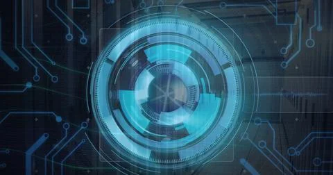 Image of digital data processing and circuit board over computer servers Stock Photos