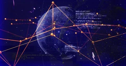 Image of digital data processing and connections over globe on dark background Foto stock