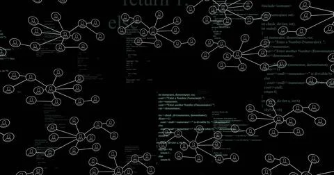 Image of digital data processing and connections on dark background Stockfoto's