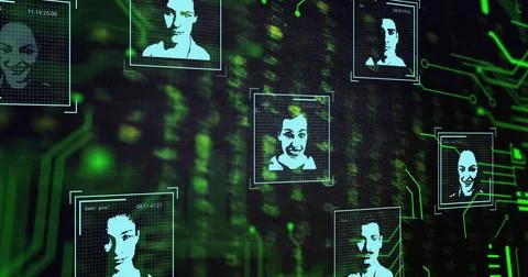 Image of digital data processing and people biometric icons on dark background Stock Photos