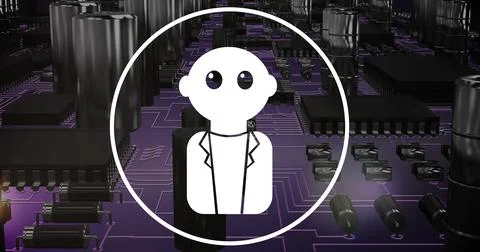 Image of digital data processing and ai chatbot icon over circuit board 스톡 사진