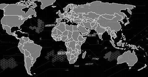 Image of digital data processing and world map over black background 스톡 사진