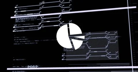 Image of digital data processing and pie chart over black background Stock Photos