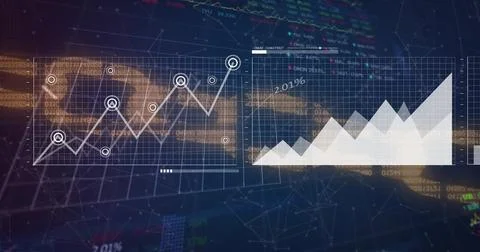 Image of digital data processing and chain over dark background Foto stock