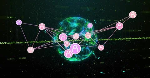 Image of digital data processing and globe and connections over dark background Stock Photos