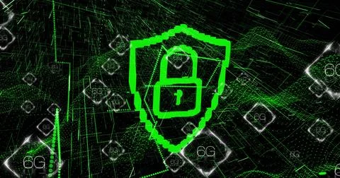 Image of digital data processing and 6g text with padlock icon Stock Photos