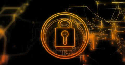 Image of digital data processing and padlock icon on black background 스톡 사진