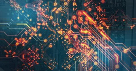 Image of digital data processing and circuit board over computer servers 写真素材