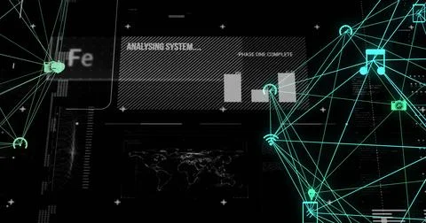 Image of digital data processing and globes with connections over black 스톡 사진