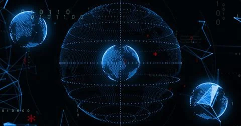 Image of digital data processing and binary coding over globes Stock Photos