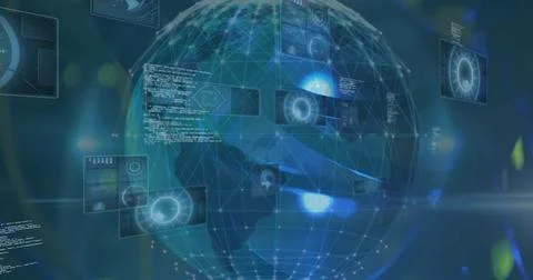 Image of digital data processing and globe over dark background Foto stock