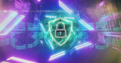 Image of digital data processing and security padlock over dark background Stock Photos