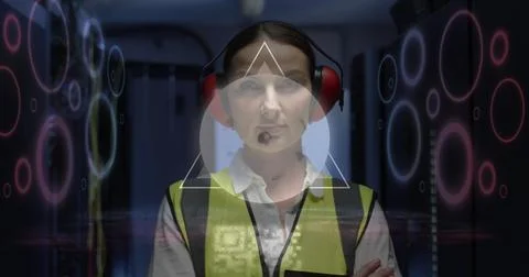 Image of digital data processing and qr code over caucasian female server room Stock Photos