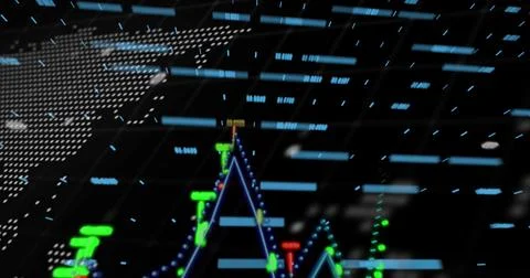 Image of digital data processing and world map over black background Stock Photos