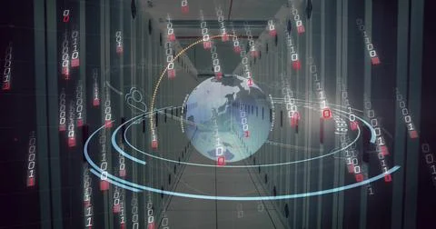 Image of digital data processing, binary coding and globe over computer servers Stock Illustration