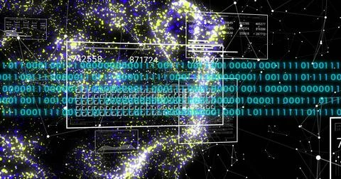 Image of digital data processing binary coding over floating mesh on black Foto stock