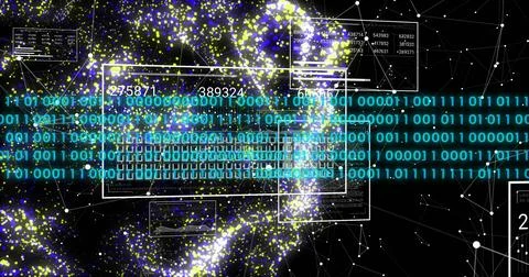 Image of digital data processing binary coding over floating mesh on black Stock Photos