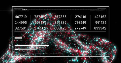 Image of digital data processing binary coding over floating mesh on black Stockfoto's