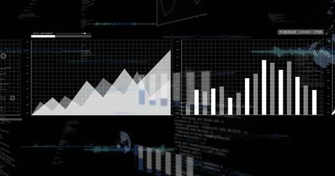 Image of digital data processing on black background Stockfoto's