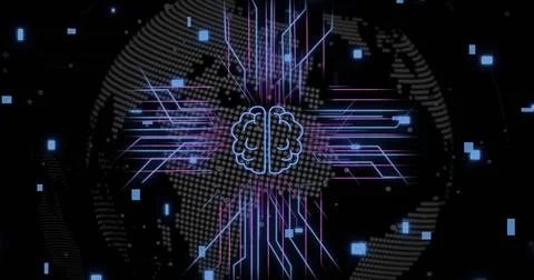 Image of digital data processing, brain and circuit board over black background 스톡 사진