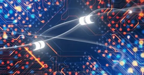 Image of digital data processing with circuit board and glowing network of 스톡 일러스트