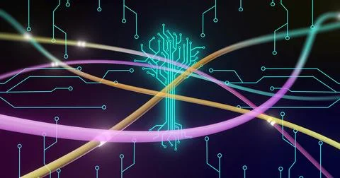 Image of digital data processing with circuit board and glowing network of Stock Illustration