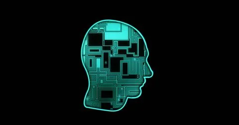Image of digital data processing with circuit board brain on black background Foto stock