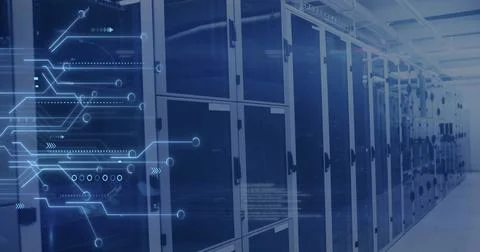 Image of digital data processing, circuit board and computer servers Foto stock